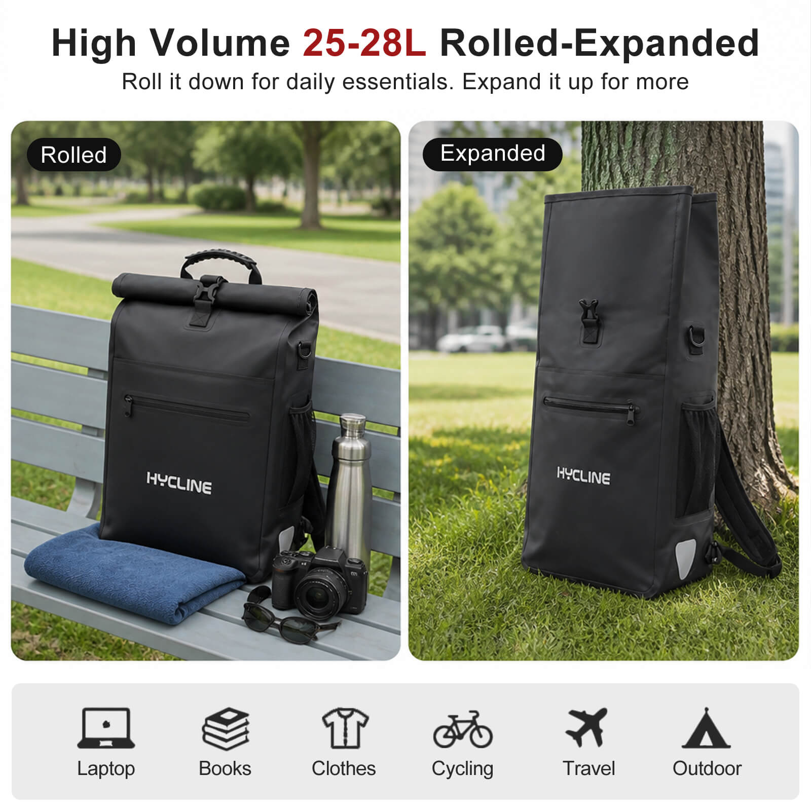 A promotional product graphic for a black HYCLINE 25-28L rolled backpack shown in two side-by-side outdoor views labeled 'Rolled' and 'Expanded.' The left panel shows the backpack rolled on a bench with a towel, camera, and water bottle beside it; the right panel shows it expanded leaning against a tree on grass.