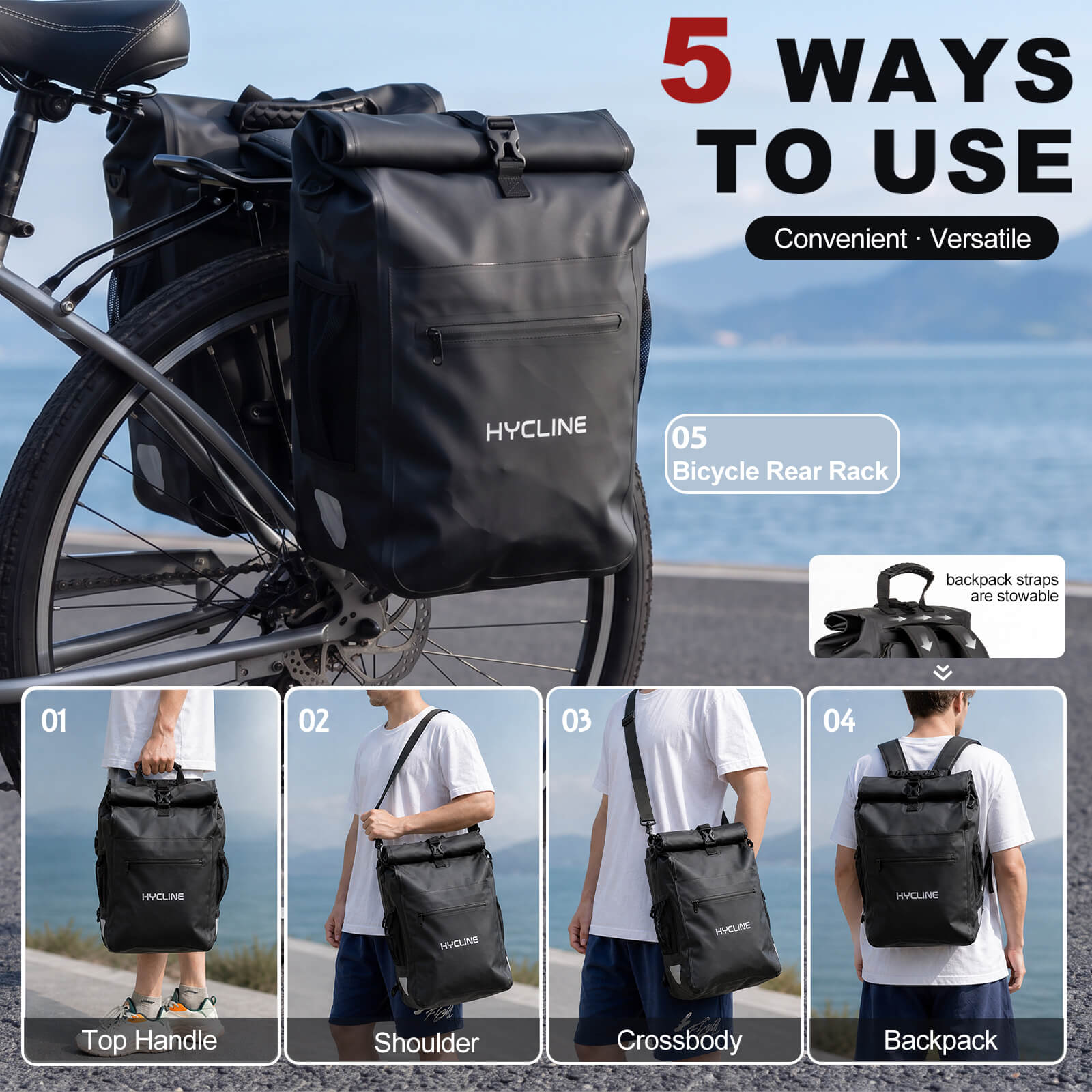 Black HYCLINE bicycle pannier bag shown mounted on a bicycle rear rack, with large text reading '5 WAYS TO USE' and four smaller inset photos demonstrating top handle, shoulder, crossbody, and backpack wear. The product is clearly the bag, but the image is a promotional composite rather than a clean product-only shot.