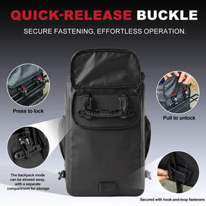 Black quick-release backpack buckle system shown on a dark gray gradient background, with text explaining secure fastening and effortless operation, plus four circular inset callouts demonstrating press-to-lock, pull-to-unlock, stowed backpack mode, and hook-and-loop fastening.
