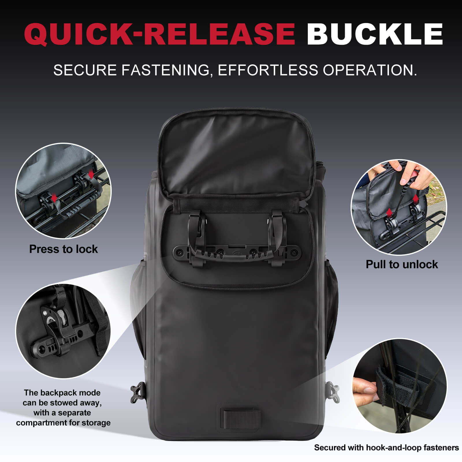 Black quick-release backpack buckle system shown on a dark gray gradient background, with text explaining secure fastening and effortless operation, plus four circular inset callouts demonstrating press-to-lock, pull-to-unlock, stowed backpack mode, and hook-and-loop fastening.