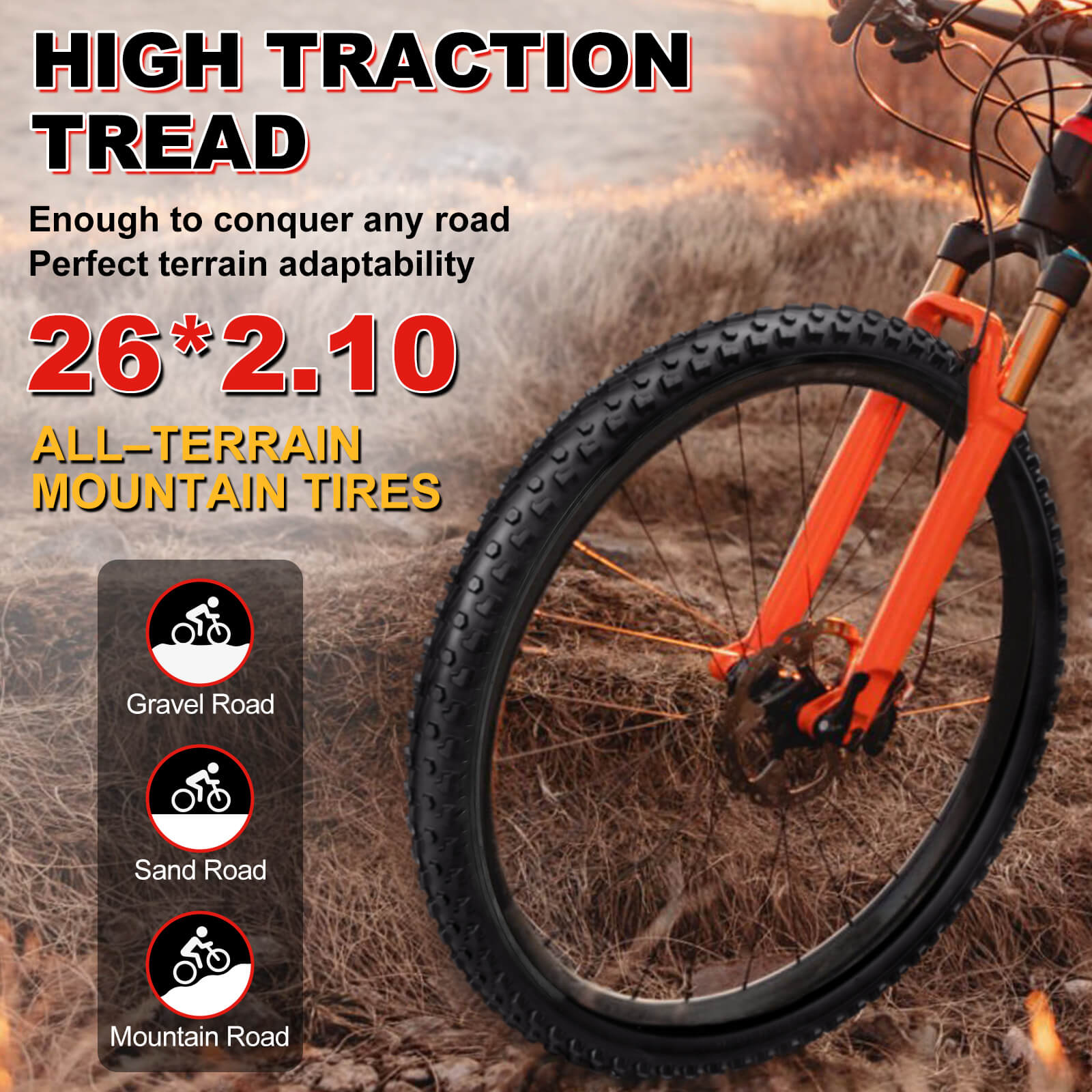 Hycline 2-pack 26x2.10 all‑terrain mountain bike tire, high traction tread MTB tire for gravel road, sand road and mountain road conditions. Cross Country MTB Tire Replacement.
