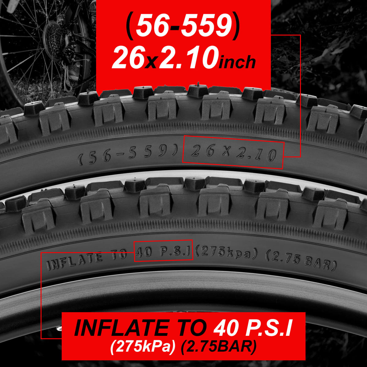 Hycline Siege Rim 26-Inch mountain bike tire sidewall markings, ETRTO 56‑559 26x2.10 inch specification, recommended inflate pressure 40 PSI 275kPa 2.75BAR for MTB replacement tire