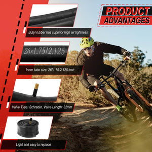 Hycline Butyl rubber mountain bike inner tube, 26x1.75‑2.125 Schrader valve 32mm, high air tightness
