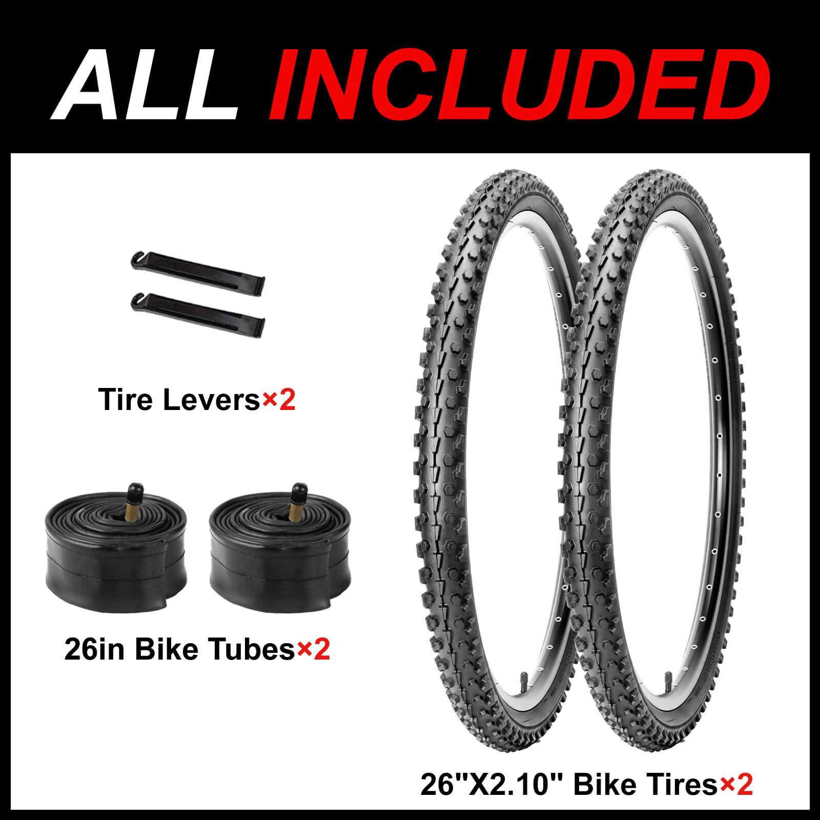 Bike tires, tubes, and levers with 'All Included' text on a white background