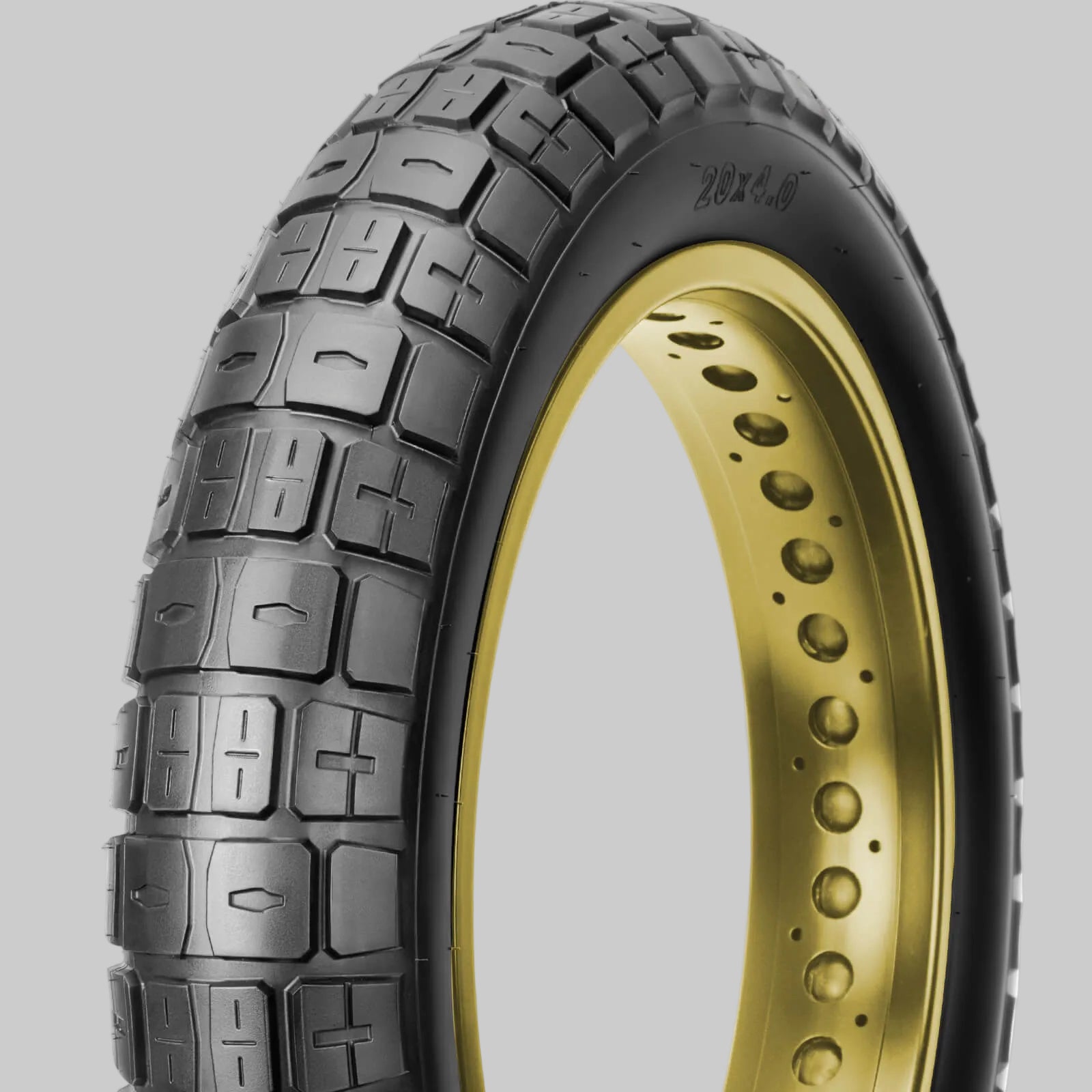 Heavy‑Duty Fat Tire E‑Bike Tire 20x4. Rugged block tread fat e‑bike tire for all‑terrain, off‑road and street electric fat bike riding, durable replacement bicycle tire.