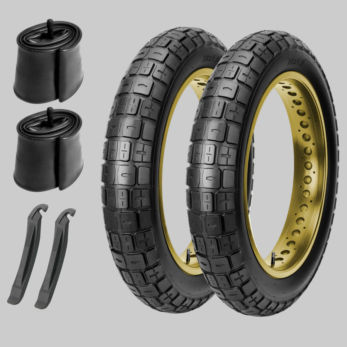 Complete 2‑Pack Heavy‑Duty Fat Tire E‑Bike Tire 20x4 kit. Comes with 2 fat bike outer tires, 2 inner tubes and tire levers. Rugged block tread replacement set for all‑terrain electric fat bicycles