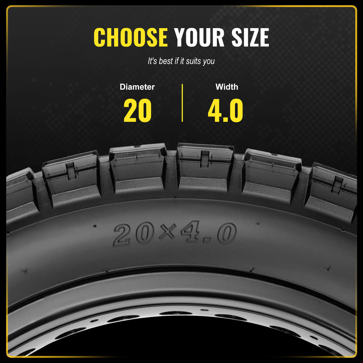 Heavy‑Duty Fat Tire E‑Bike Tire 20x4 size specification. Fat bike tire dimension: diameter 20, width 4.0, clear embossed size marking on tire sidewall