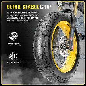 Heavy‑Duty Fat Tire E‑Bike Tire 20x4 ultra‑stable grip infographic, strong all‑weather traction fat bike tire mounted on e‑bike for year‑round riding