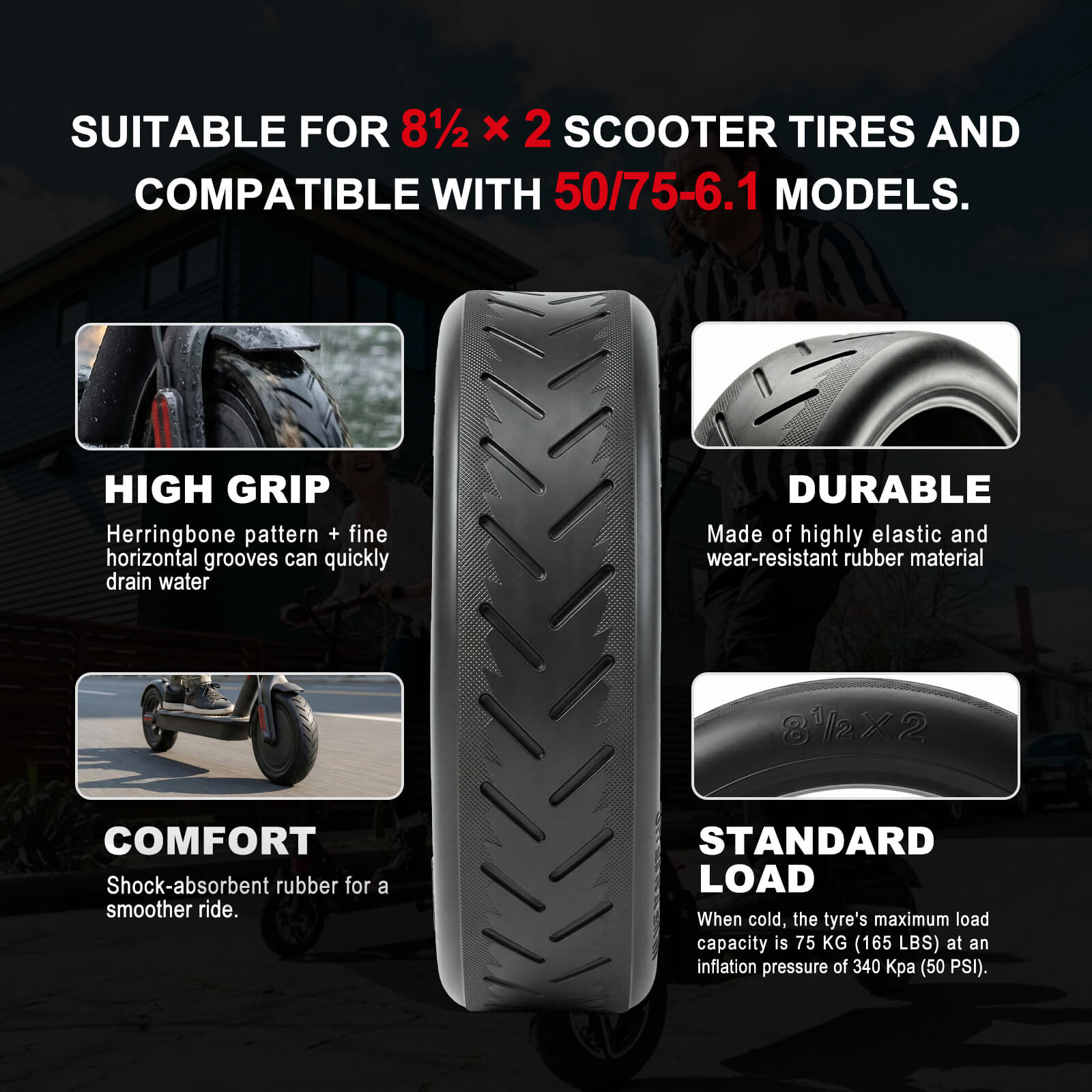SCR-8 8.5x2 inch (50 75 6.1)  electric scooter pneumatic tires for all terrains