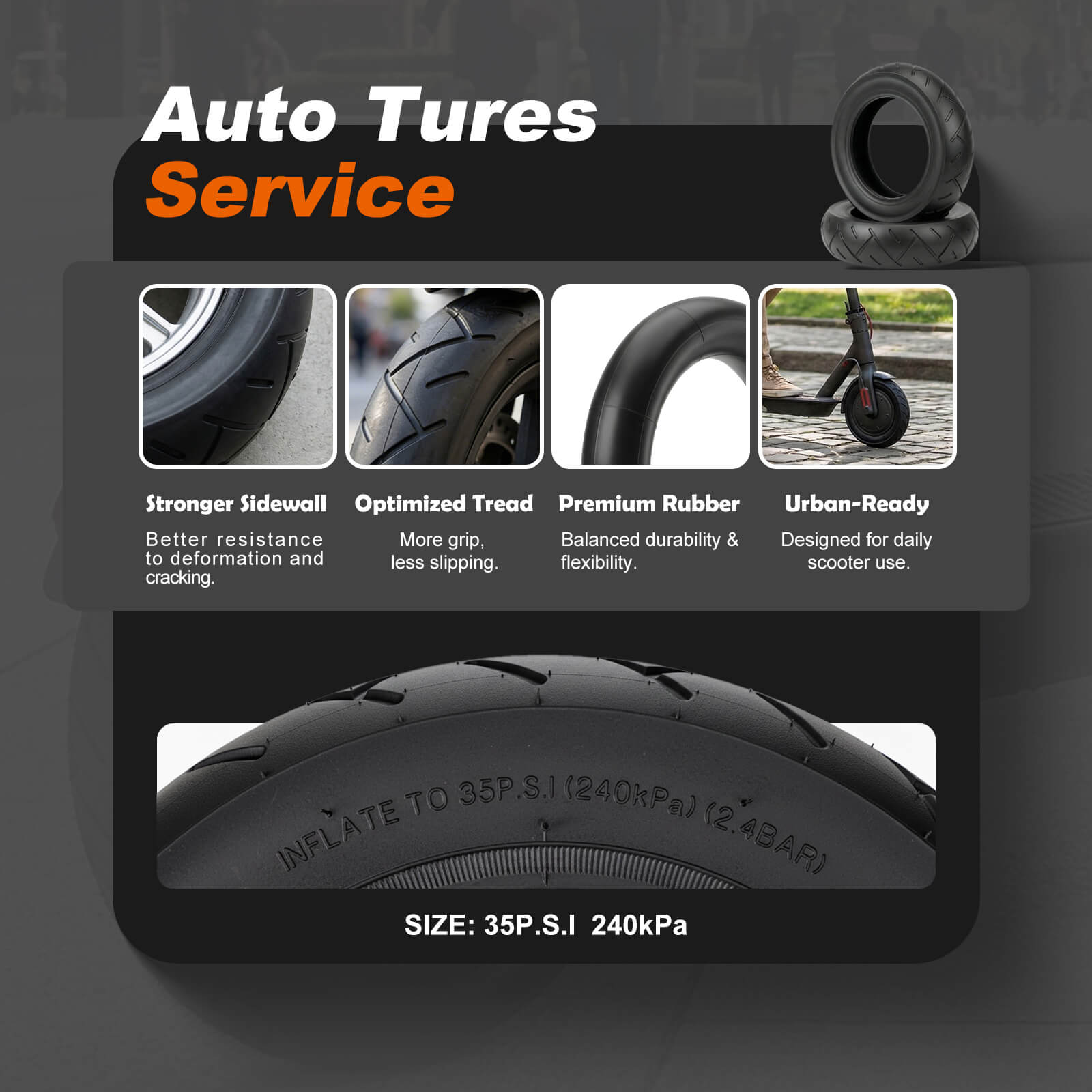 10x2.125 electric scooter outer tire features, strong sidewall, optimized anti-slip tread, premium rubber, recommended inflation pressure 35PSI for urban commuter folding e-scooter