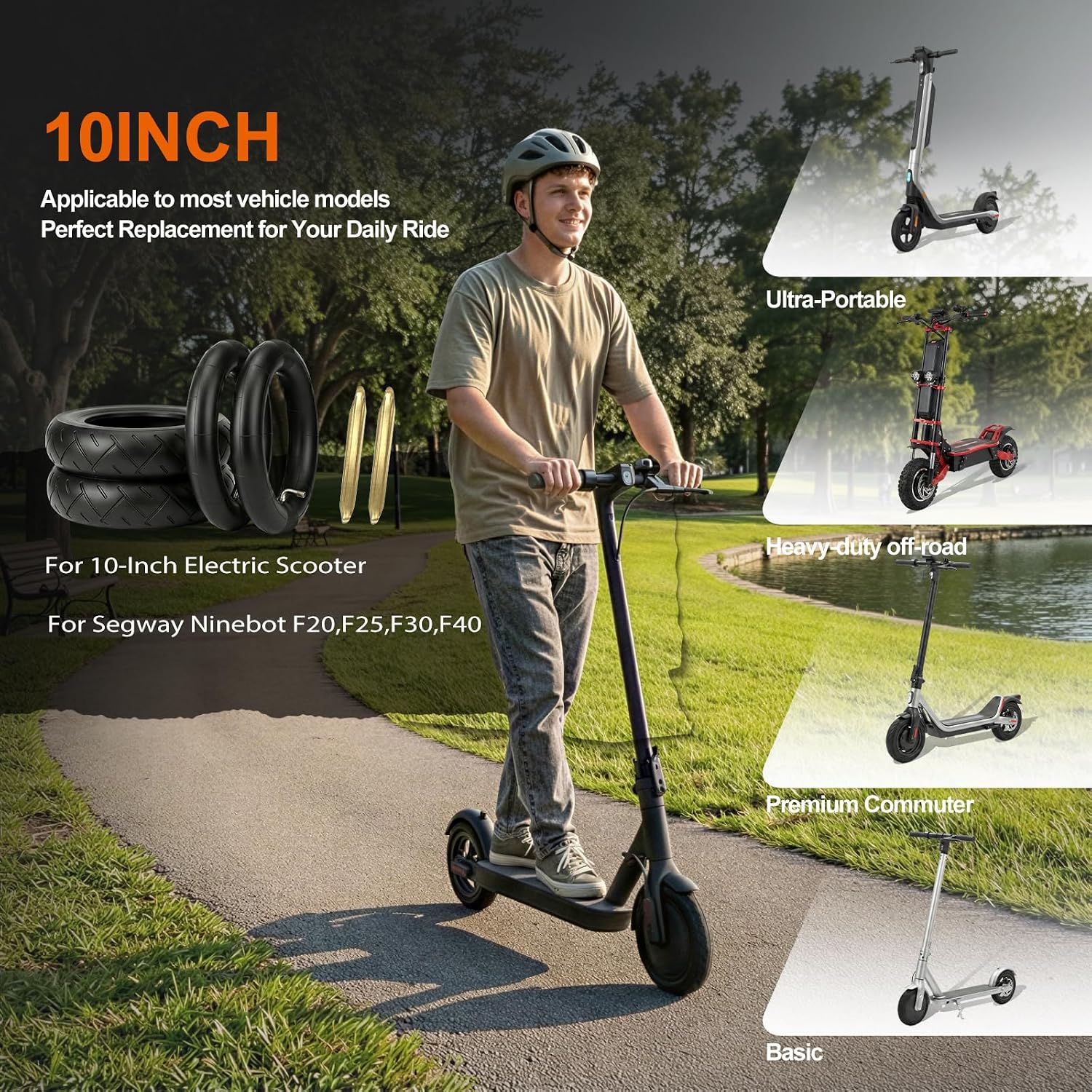 10x2.125 electric scooter outer tire and inner tube replacement set, compatible with Segway Ninebot F20 F25 F30 F40, spare tires for 10-inch folding commuter electric scooters