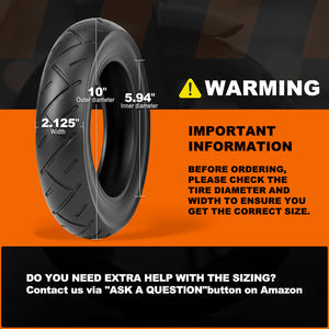 10x2.125 electric scooter outer tire dimension diagram, size warning notice, outer diameter 10 inch, width 2.125 inch replacement rubber tire for folding e-scooters