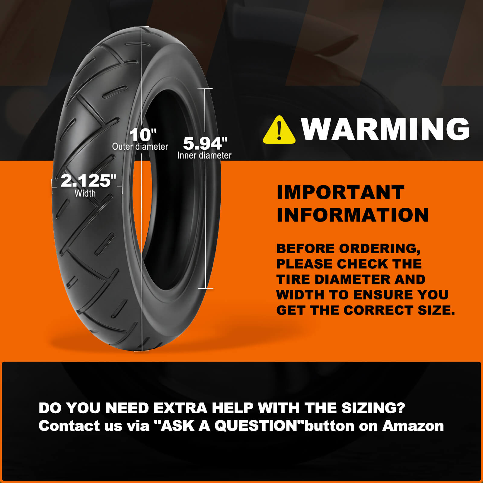 10x2.125 electric scooter outer tire dimension diagram, size warning notice, outer diameter 10 inch, width 2.125 inch replacement rubber tire for folding e-scooters
