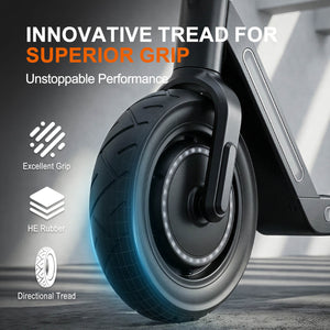 Close-up of a scooter wheel with text highlighting 'Innovative Tread for Superior Grip' and 'Unstoppable Performance'.