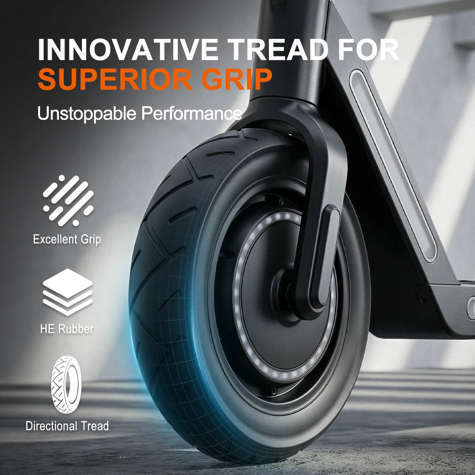 Close-up of a scooter wheel with text highlighting 'Innovative Tread for Superior Grip' and 'Unstoppable Performance'.