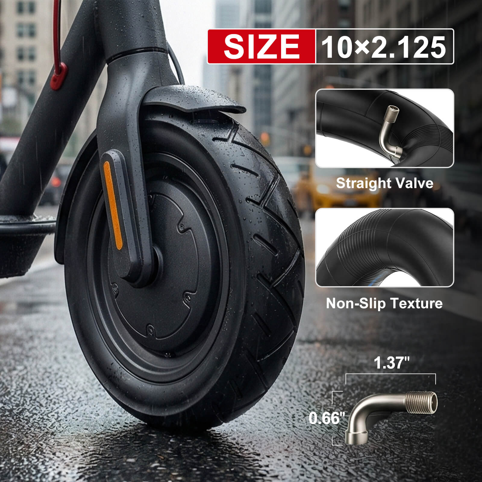 Size and details of the Hycline 10x2.125 inch scooter tire inner tube with 90° bent Valve,  fits 6.5" rims