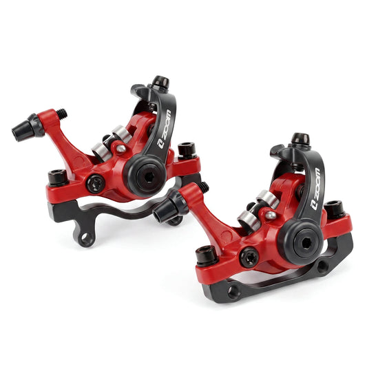 2 PCS of Red ZOOM DB-680 MTB Hydraulic Disc Brake Caliper Front & Rear Set, Dual-Piston | Cable-actuated forged aluminum calipers, smooth & reliable braking for MTB, road, gravel bikes & e-bikes