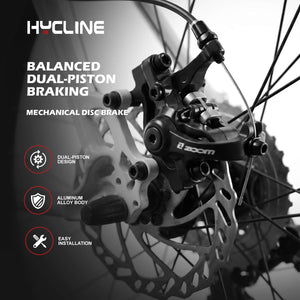 ZOOM DB-680 Disc Brake Caliper disc brake caliper on a bicycle wheel, shown in a black-and-white promotional graphic with text highlighting balanced dual-piston braking, aluminum alloy body, and easy installation.