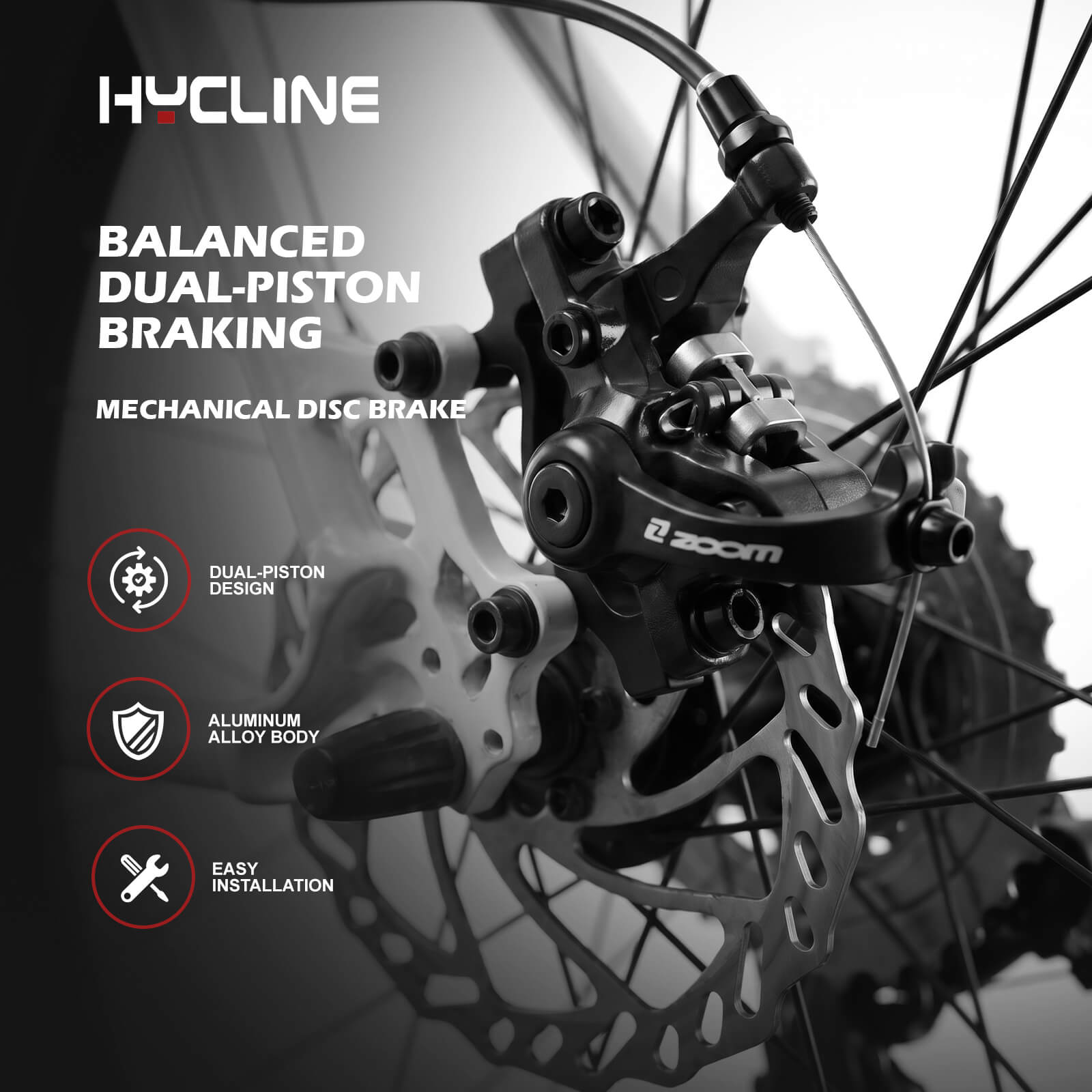ZOOM DB-680 Disc Brake Caliper disc brake caliper on a bicycle wheel, shown in a black-and-white promotional graphic with text highlighting balanced dual-piston braking, aluminum alloy body, and easy installation.