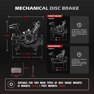 Technical diagram showing Zoom DB-680 bike hydraulic disc brake caliper assembly with front and rear brake illustrations, dimension labels, and mounting information on a dark background.