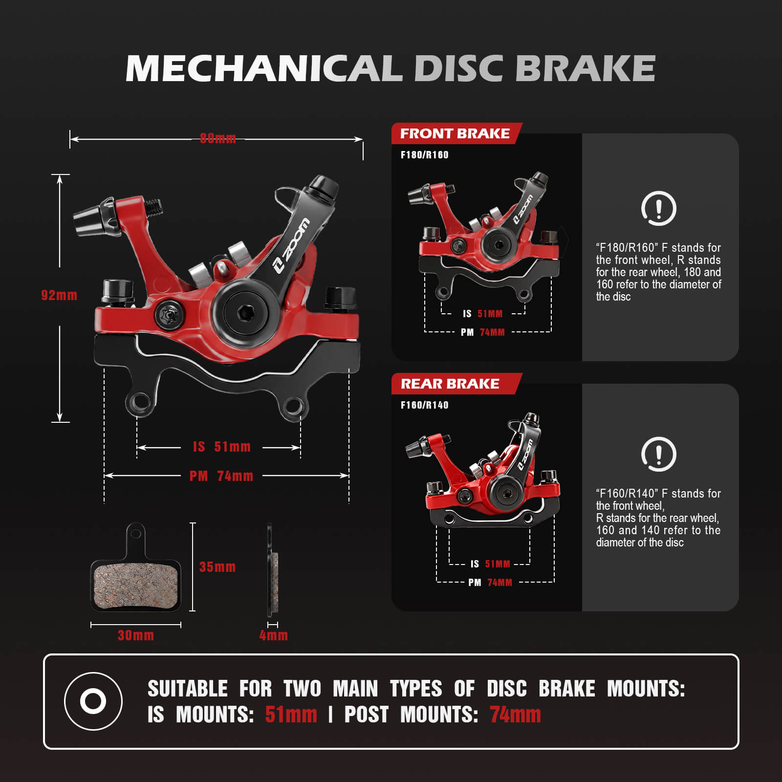 A technical specification diagram for ZOOM DB-680 hydraulic bike disc brake, showing front and rear brake views with dimensions, mounting details, and suitability notes on a dark background.