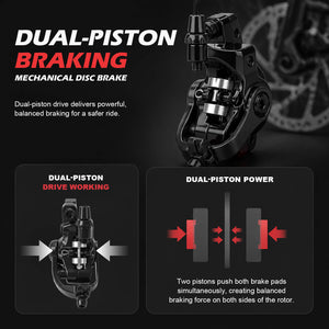 Promotional graphic for Zoom DB-680 dual-piston mechanical disc brake, showing the brake caliper in three views with explanatory text about dual-piston braking and power