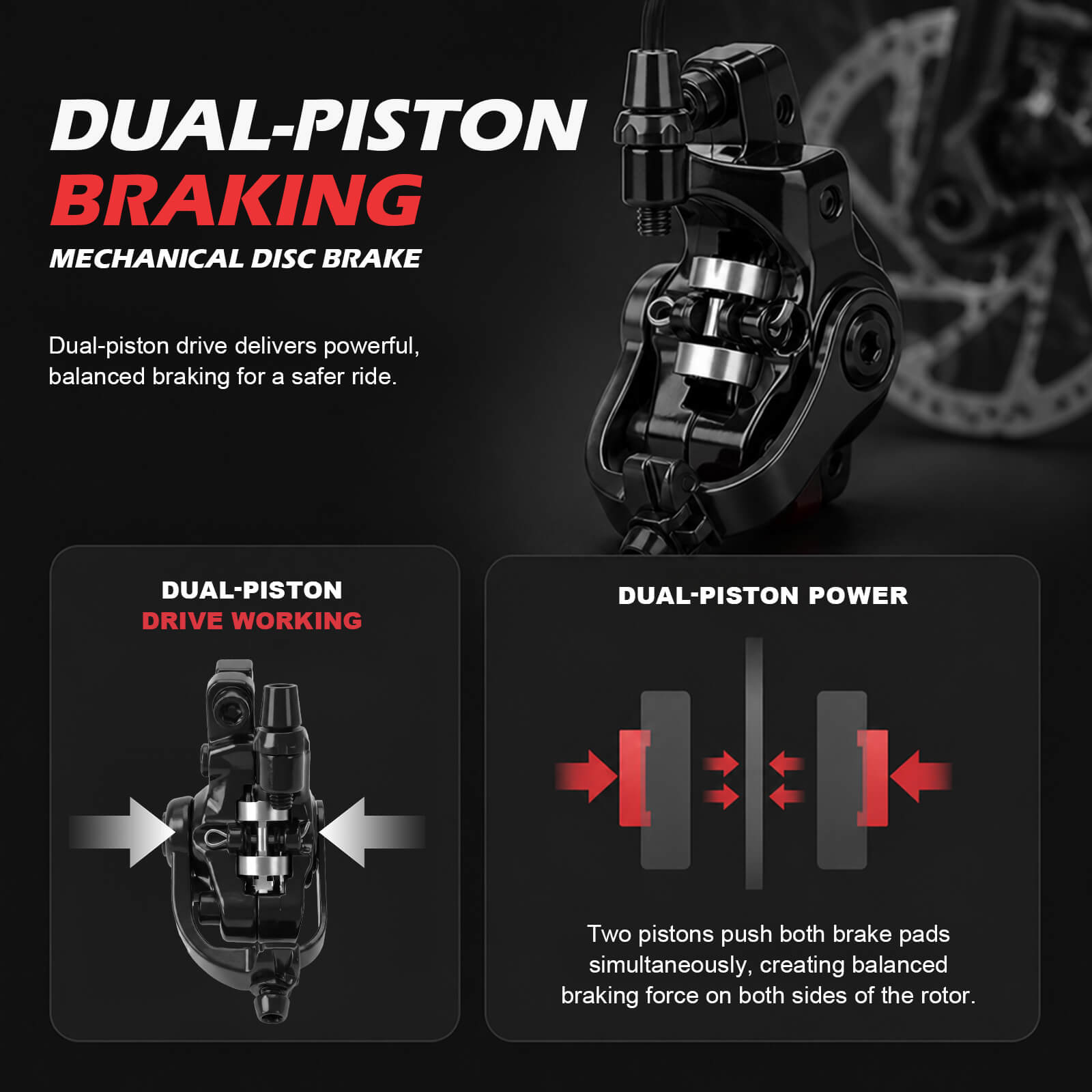 Promotional graphic for Zoom DB-680 dual-piston mechanical disc brake, showing the brake caliper in three views with explanatory text about dual-piston braking and power