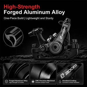 A black ZOOM DB-680 bicycle disc brake caliper on a dark textured background with marketing text reading 'High-Strength Forged Aluminum Alloy' and feature callouts showing forged aluminum, CNC precision, and anodized coating.