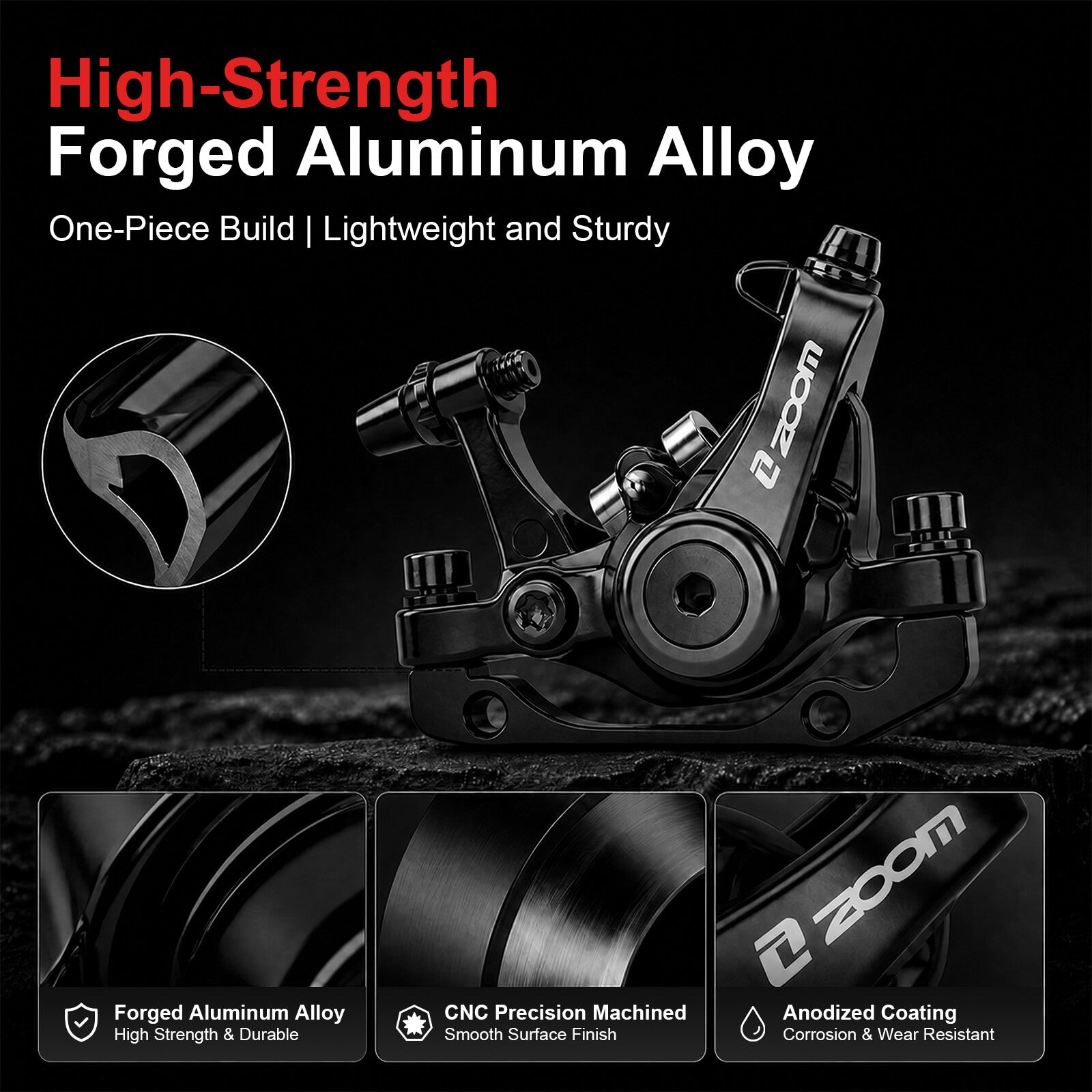 A black ZOOM DB-680 bicycle disc brake caliper on a dark textured background with marketing text reading 'High-Strength Forged Aluminum Alloy' and feature callouts showing forged aluminum, CNC precision, and anodized coating.