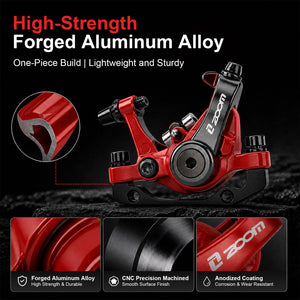Red and black ZOOM DB-680 brake caliper on a dark textured background with marketing text and three feature inset panels showing forged aluminum alloy, CNC precision machining, and anodized coating.
