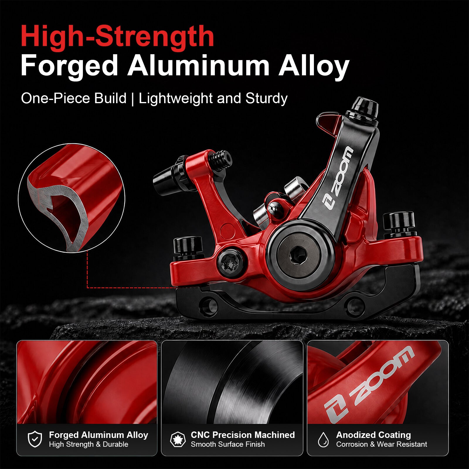 Red and black ZOOM DB-680 brake caliper on a dark textured background with marketing text and three feature inset panels showing forged aluminum alloy, CNC precision machining, and anodized coating.