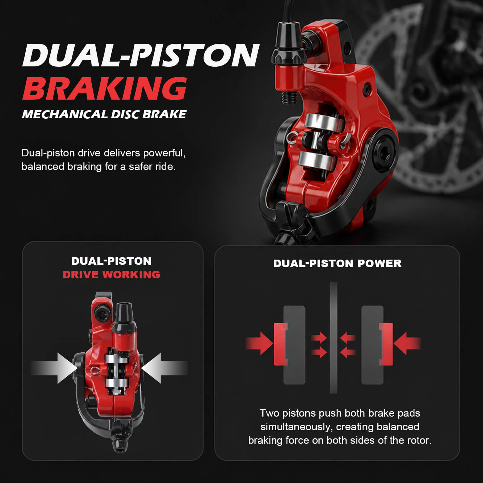 A promotional graphic for a Zoom DB-680 dual-piston mechanical disc brake, showing the brake assembly, explanatory text about dual-piston braking, and a diagram of the brake pads pushing against the rotor.