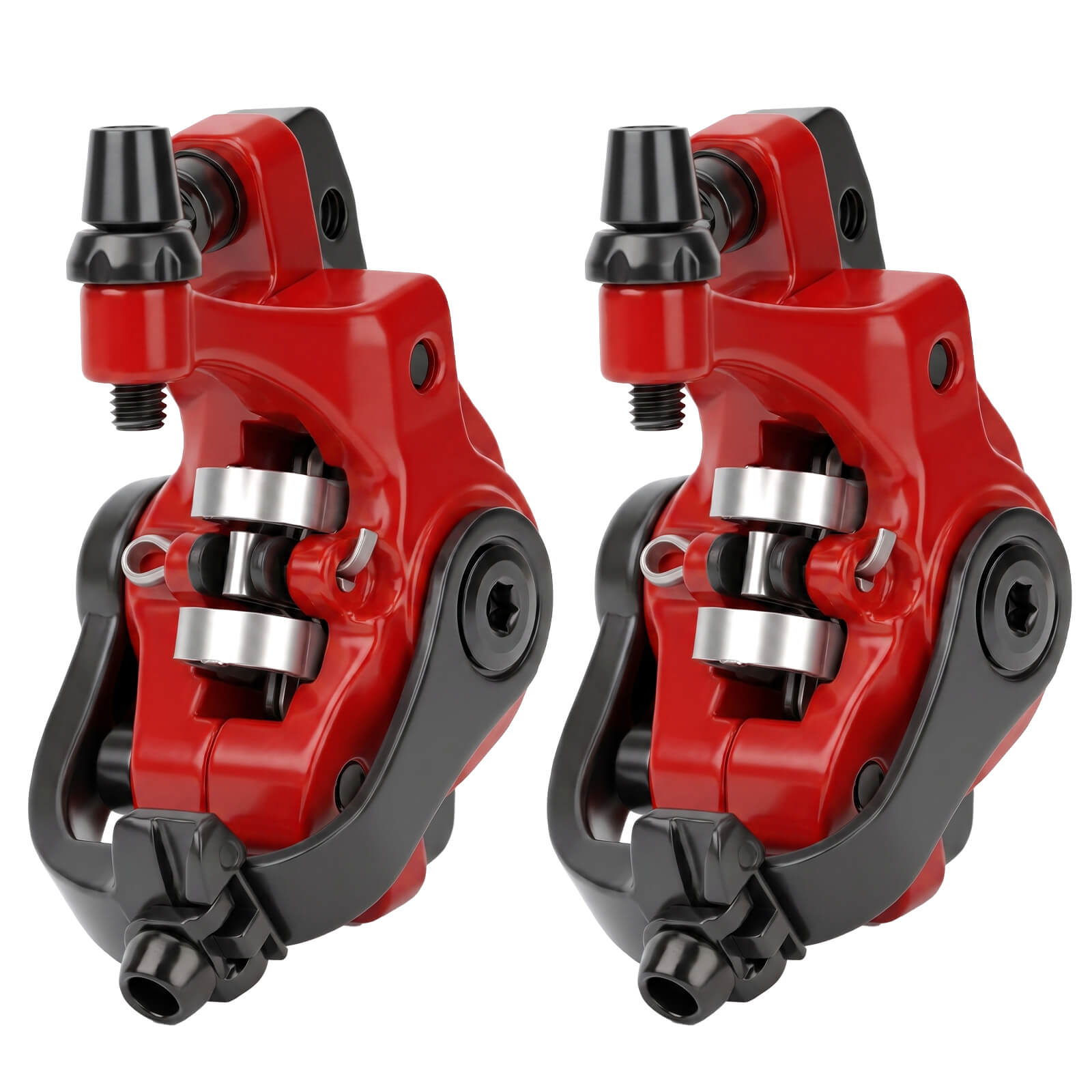 1-Pair of Red ZOOM DB-680 MTB Hydraulic Disc Brake Caliper Front & Rear Set, Dual-Piston | Cable-actuated forged aluminum calipers, smooth & reliable braking for MTB, road, gravel bikes & e-bikes