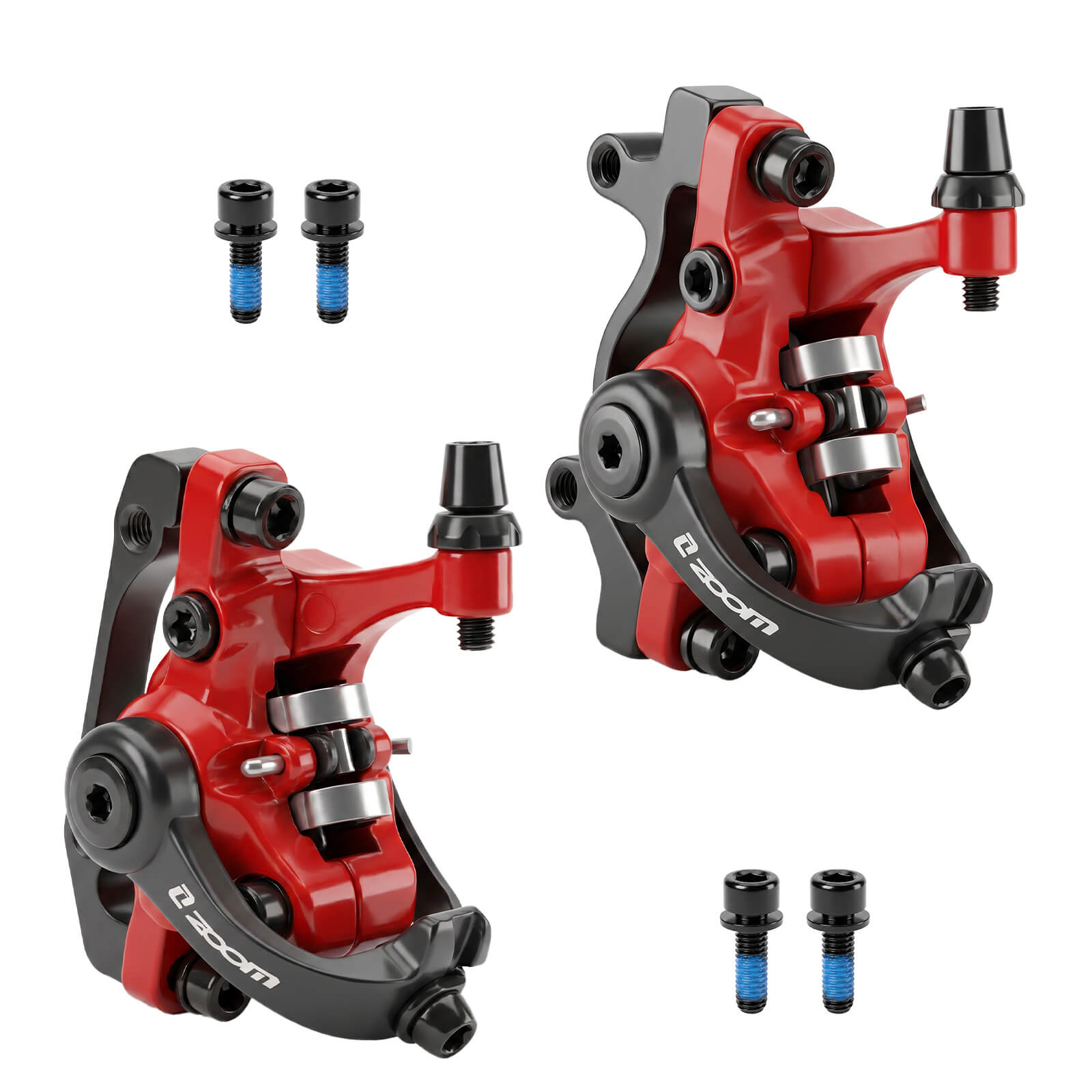 Red Color ZOOM DB-680 MTB Hydraulic Disc Brake Caliper Front & Rear Set, Dual-Piston | Cable-actuated forged aluminum calipers, smooth & reliable braking for MTB, road, gravel bikes & e-bikes