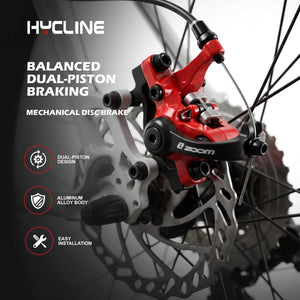 ZOOM DB-680 hydraulic disc brake caliper mounted on a bicycle wheel, with promotional text and feature icons on a dark gray background.