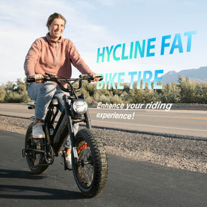 Person riding a bike on a road with 'Hycline Fat Bike Tire' text overlay.