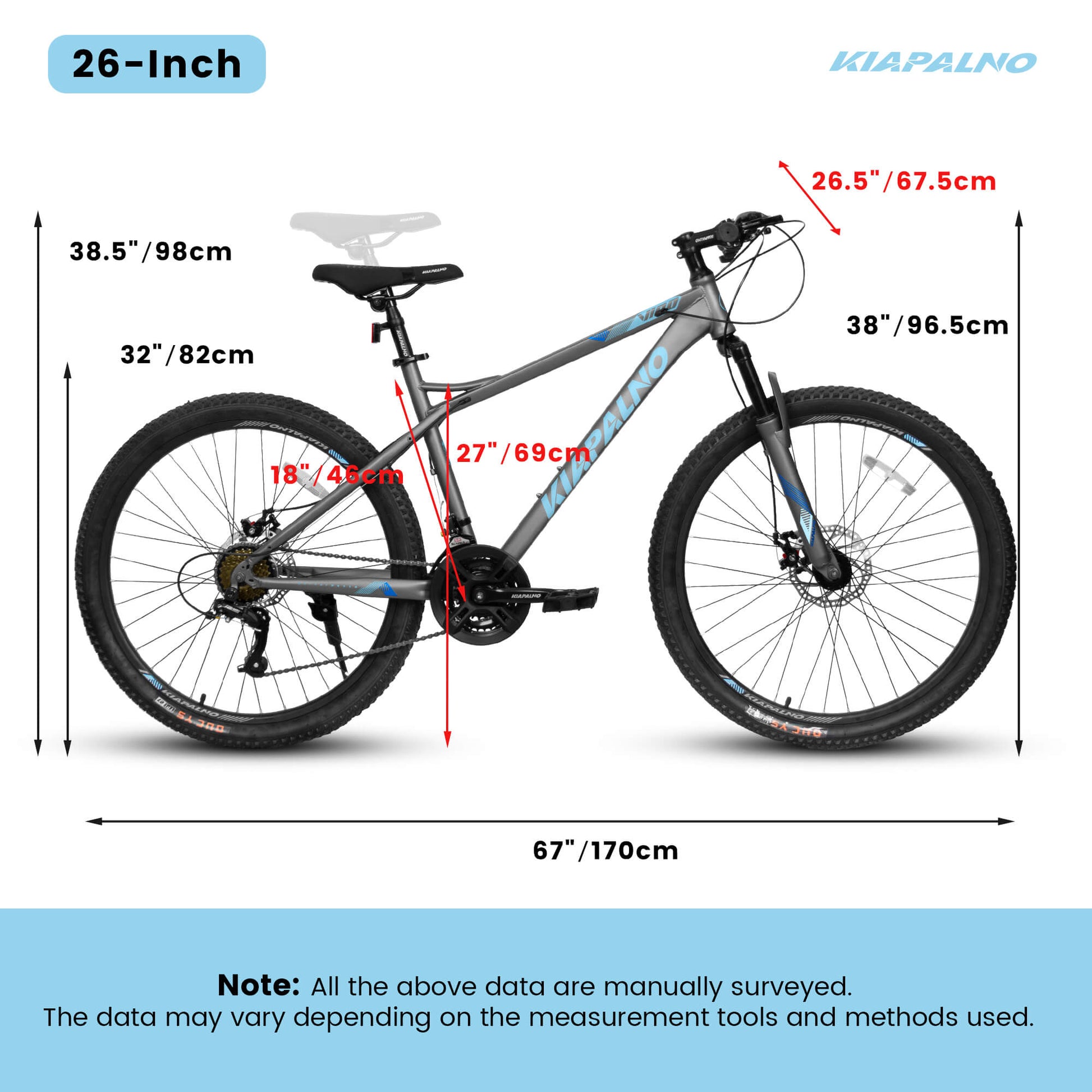 Measurement chart of a bicycle with labeled dimensions on a KIAPALNO bike
