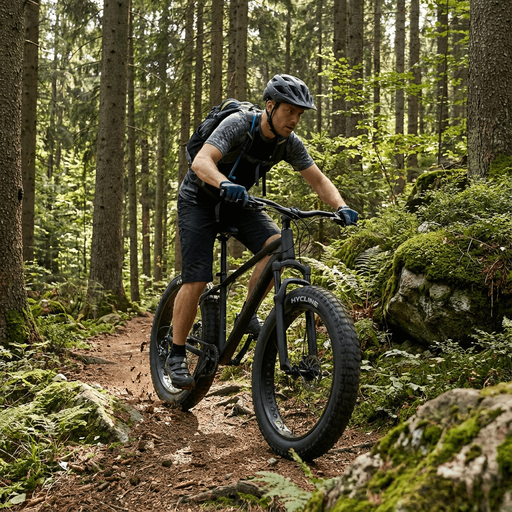 Hycline Armbands tire riding a mountain bike on a trail in a forest