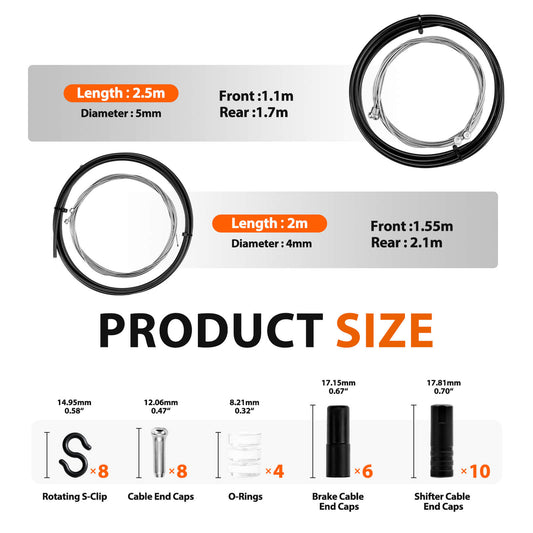 Product size chart with cable length and component dimensions
