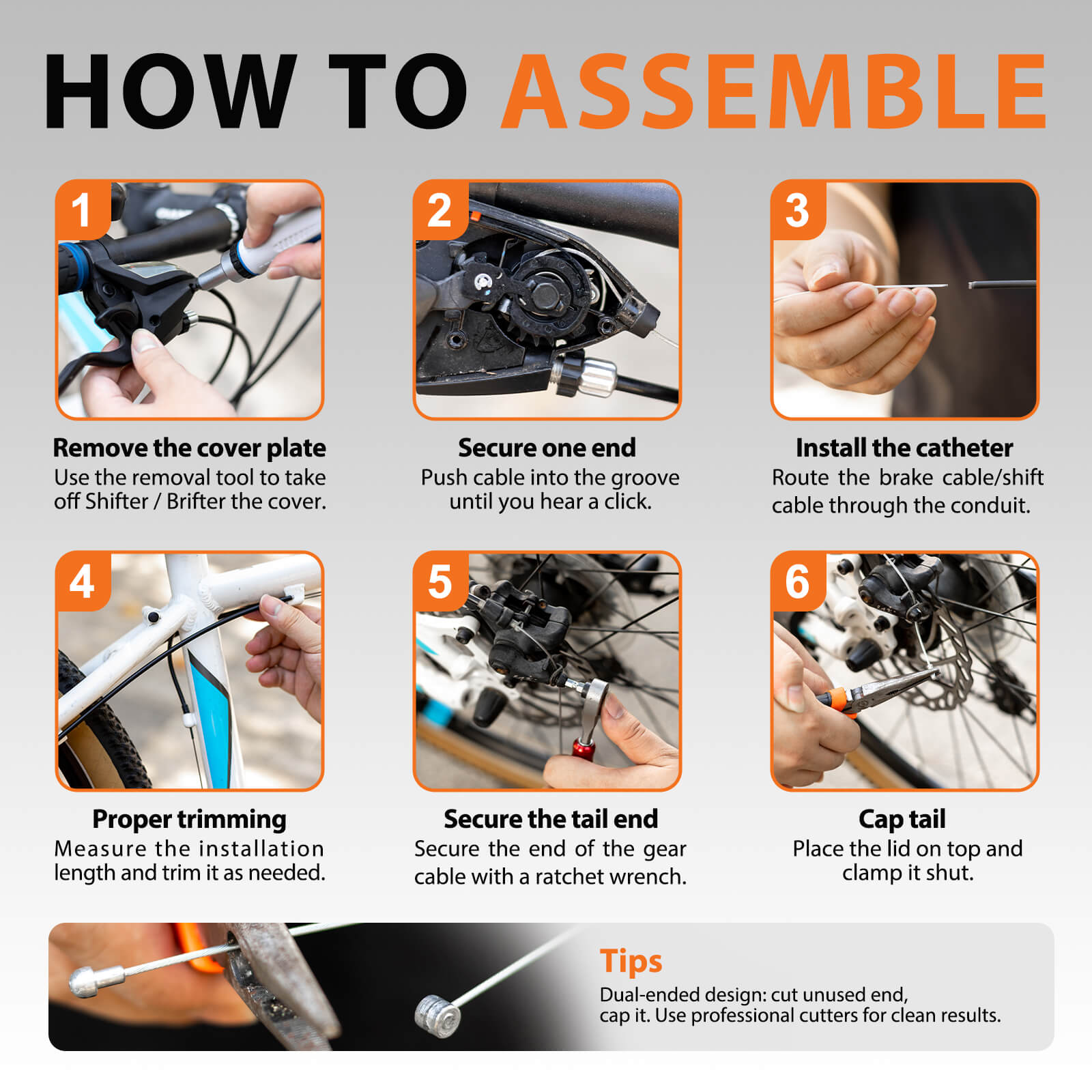 Step-by-step guide on how to assemble bicycle cable components on brake with visual instructions.