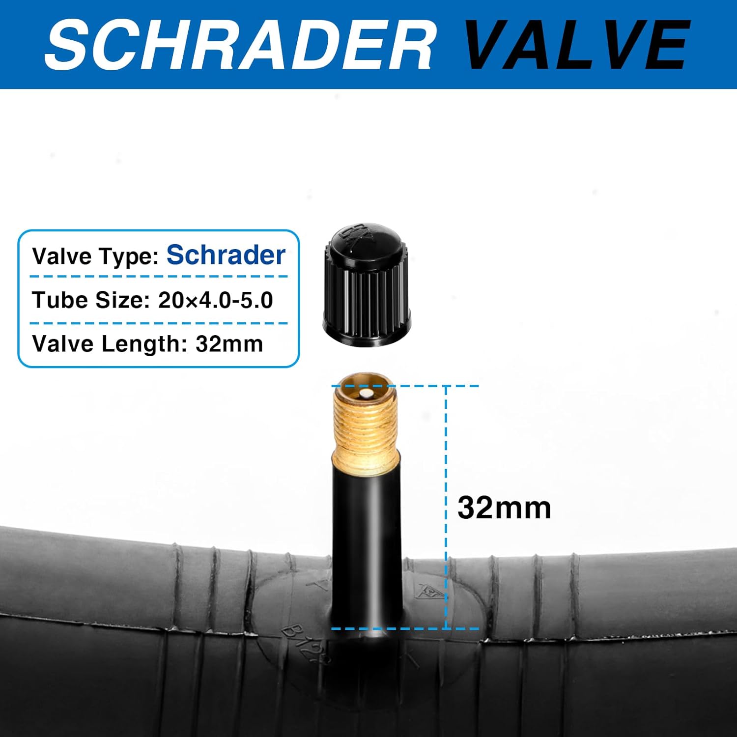 20×4.0-5.0 fat bike inner tube dimension chart with 32mm Schrader valve, Schrader tube for wide fat tire bicycles replacement