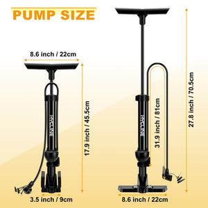 Size chart of the Hycline 160 PSI high pressure presta valve bike tire  floor pump with gauge