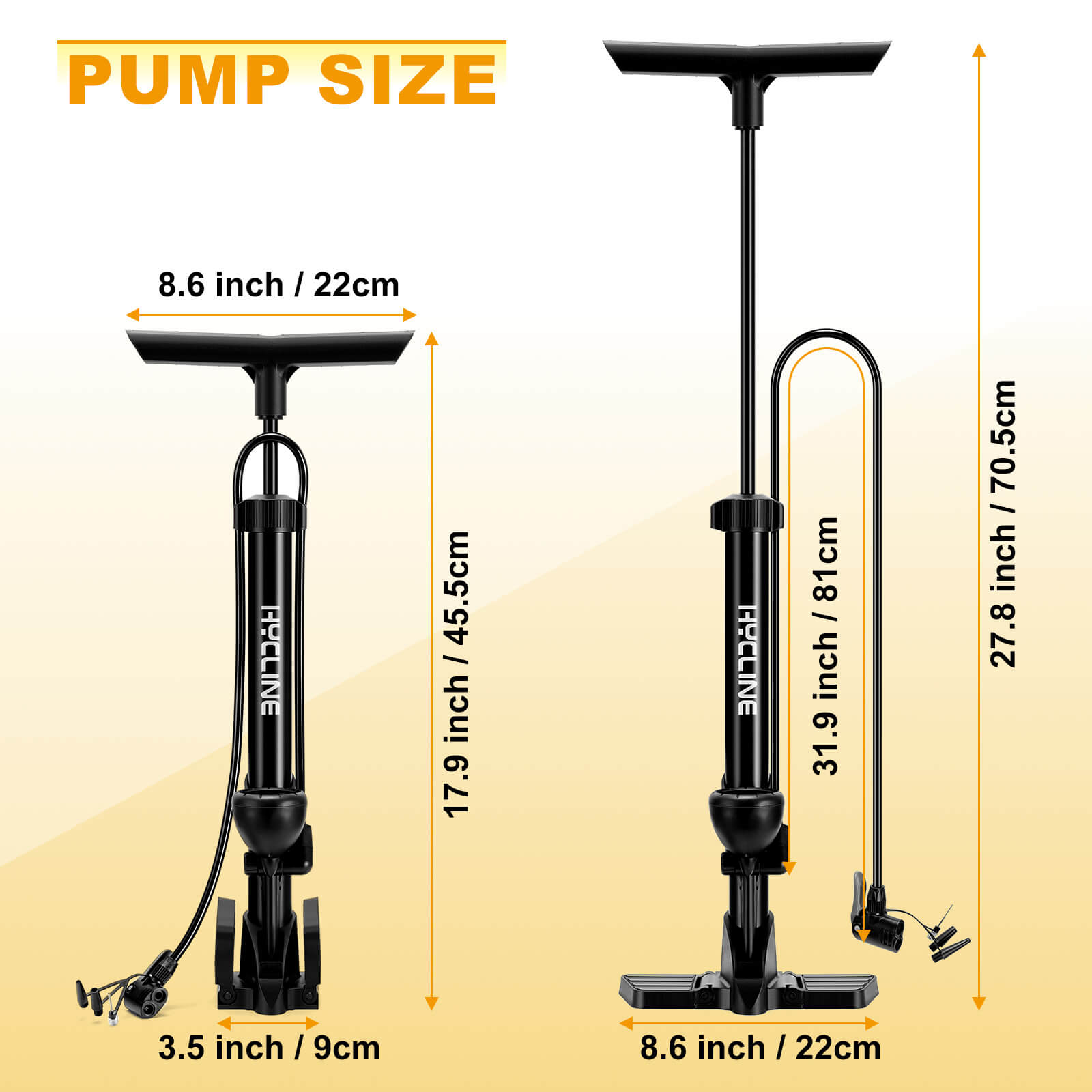 Size chart of the Hycline 160 PSI high pressure presta valve bike tire  floor pump with gauge