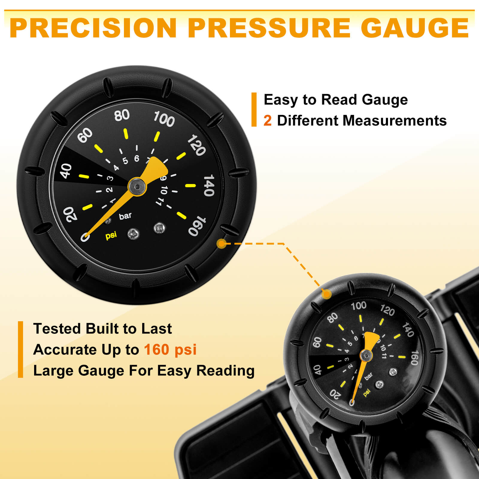 Details of guage, Hycline 160 PSI high pressure Fits Presta & Schrader Valve bike tire  floor pump with gauge