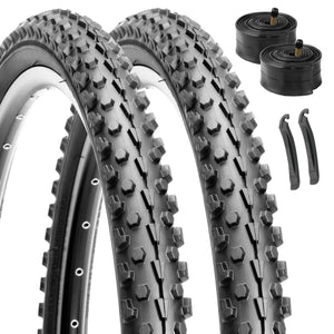 Hycline 26x2.10 Inch Complete mountain bike tire replacement kit, 2-pack knobby tread off‑road MTB tires with inner tubes and tire levers, durable set for mountain trail bicycle upgrade
