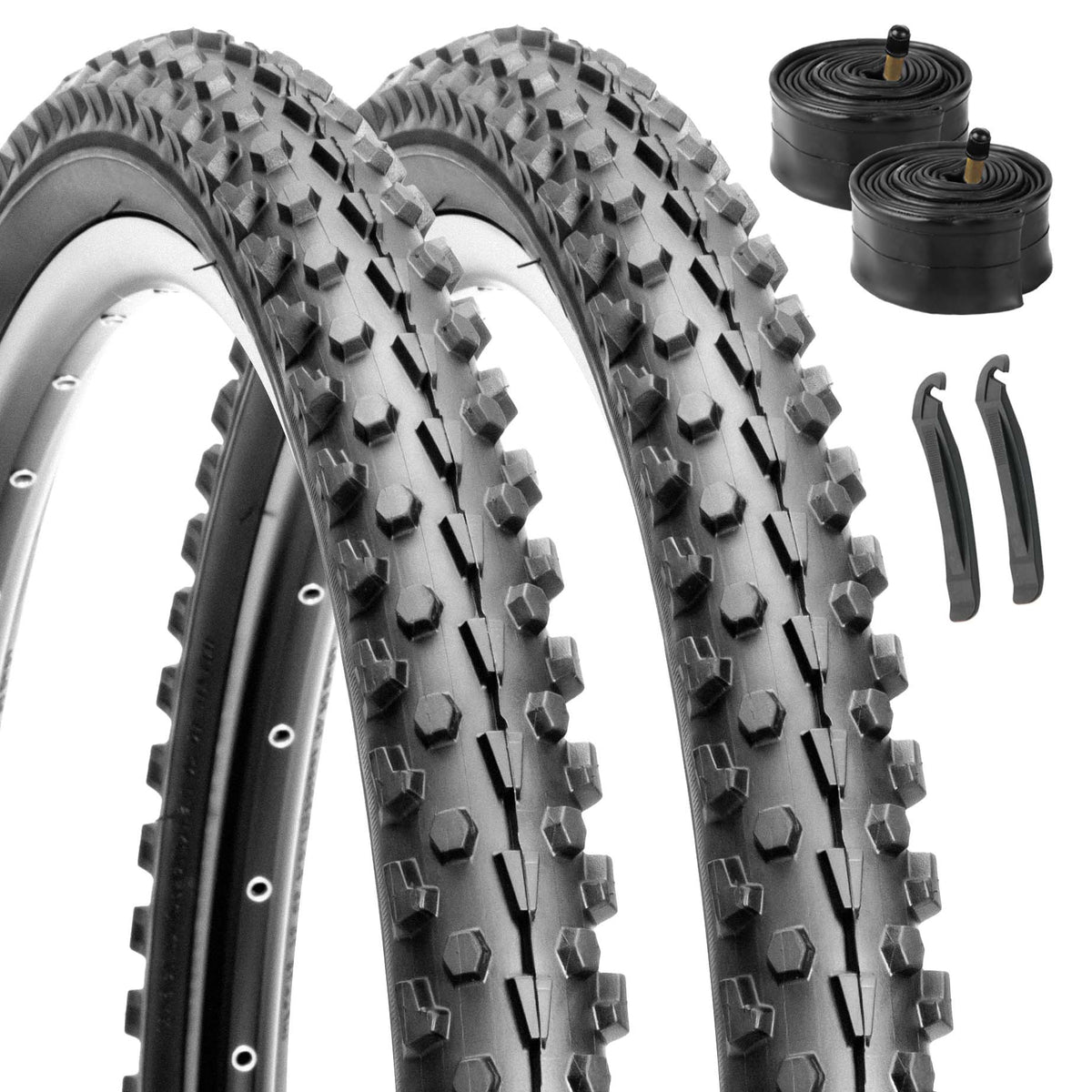 Hycline 26x2.10 Inch Complete mountain bike tire replacement kit, 2-pack knobby tread off‑road MTB tires with inner tubes and tire levers, durable set for mountain trail bicycle upgrade
