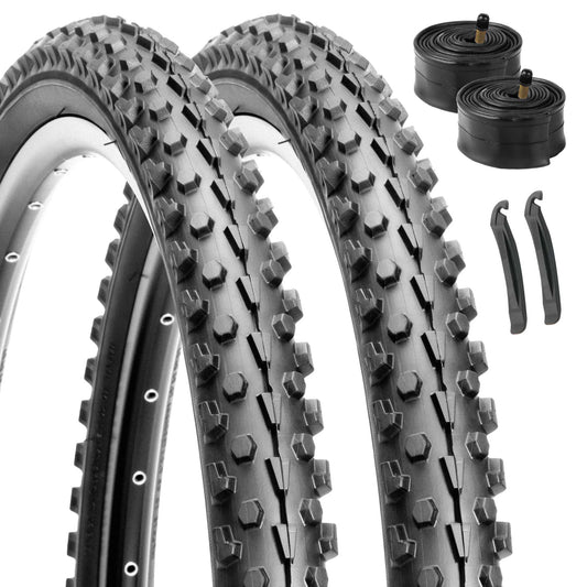 Hycline 26x2.10 Inch Complete mountain bike tire replacement kit, 2-pack knobby tread off‑road MTB tires with inner tubes and tire levers, durable set for mountain trail bicycle upgrade