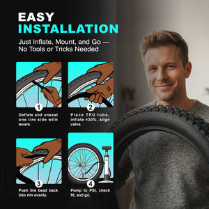 Instructional graphic for mounting a TPU tire tube, featuring four numbered steps with illustrated hands and a bicycle wheel, alongside a smiling man holding a tire on the right. Text reads 'EASY INSTALLATION' and describes inflating, mounting, and pumping the tube.
