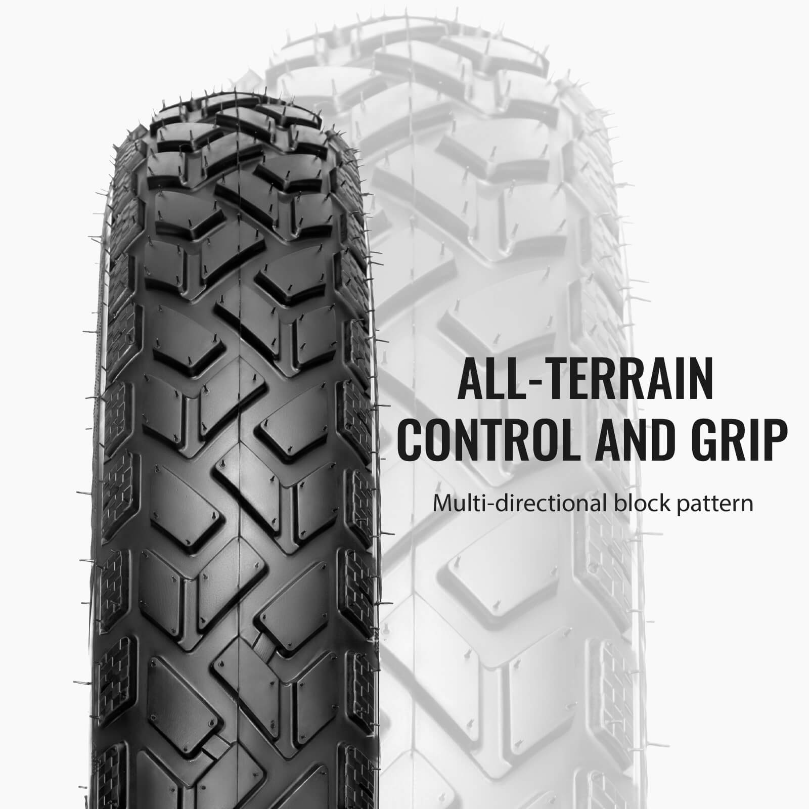 R4FT Tire with slanted block tread pattern and text 'All-Terrain Control and Grip', ITS AGGRESSIVE ALL-TERRAIN TREAD FOR ENHANCED GRIP