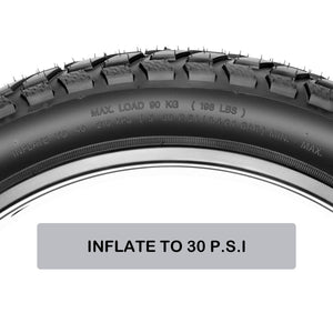 Close-up of an electric bicycle tire with inflation instructions on a white background